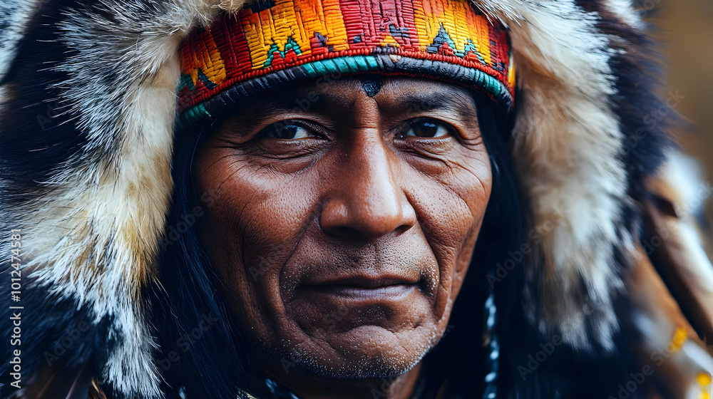 Native American Man Wearing Traditional Headdress with Feathers Native American Man Wearing Traditional Headdress with Feathers