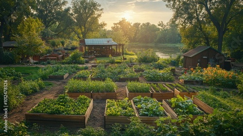 A lush vegetable garden with raised beds in a rural setting, framed by trees and a lake, with a sunset in the background.
