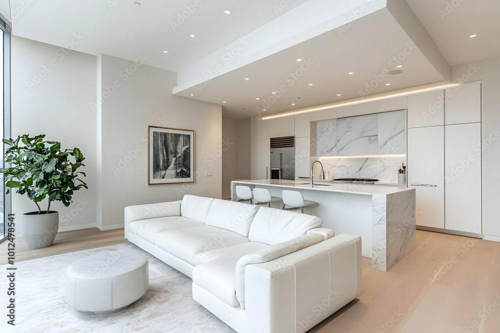 Fototapeta premium Photo of Modern White Living Room With Open Kitchen Design