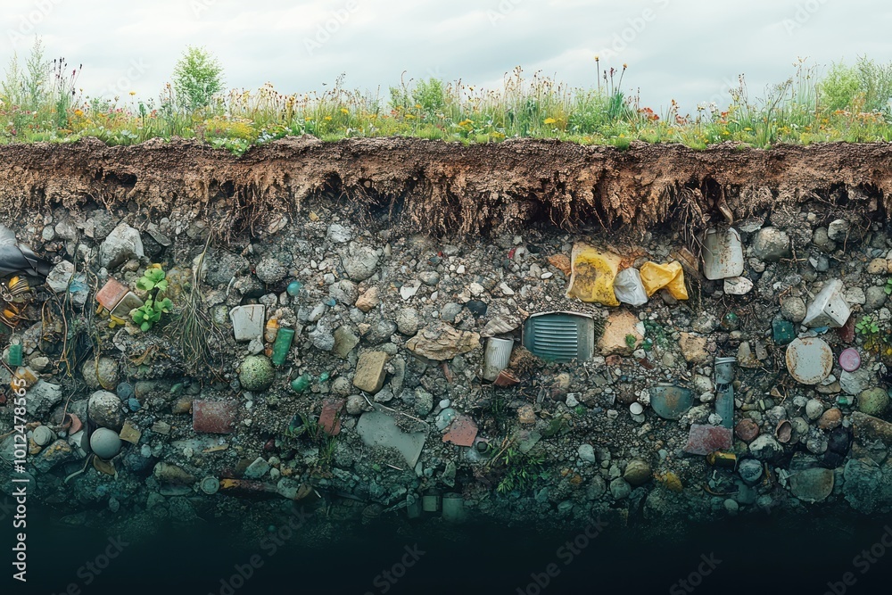Obraz premium A cross-section of soil revealing a large amount of plastic and other waste buried beneath the surface, with a field and blue sky above.