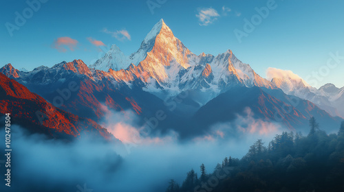 A breathtaking nature shot of a majestic mountain range during sunrise, with clear sharp peaks contrasting the soft morning mist
