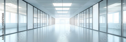 3D Illustration Modern Office Hallway Glass Walls