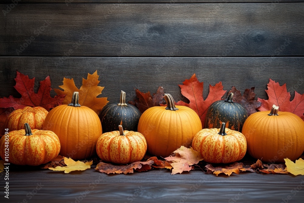 A colorful display of pumpkins, pumpkins and leaves sitting in a row on wooden background. Space for text.