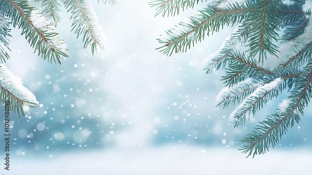 Christmas background with tree branches and snowflakes.