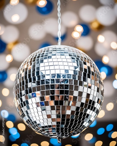 Disco ball, lights and clubbing background for 70s theme new year party, birthday or celebration. Night, bokeh and decor with glitter at nightclub or nightlife for jazz, pop or retro music festival (1 photo