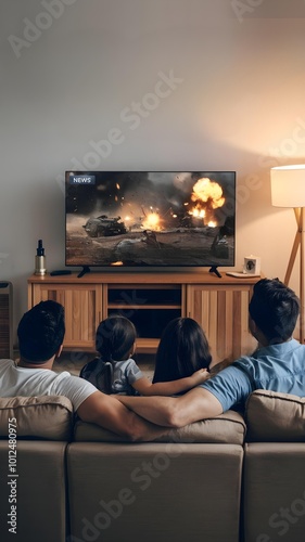 Family watching a large screen television that is displaying an explosion scene. The room appears to be dimly lit, emphasizing the glow from the TV screen. 