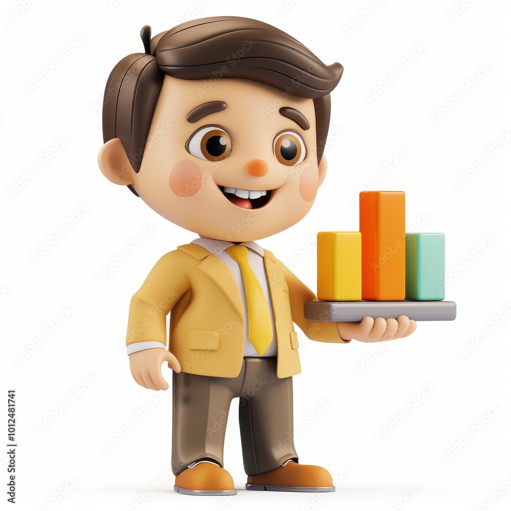 Fototapeta premium A cartoon man is holding a stack of bars and smiling