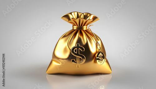 Shiny gold money bag with dollar sign, symbolizing wealth and prosperity on a light background 