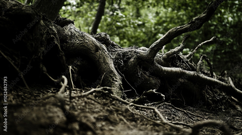 Close Up of Tree Roots in a Dark Forest Close Up of Tree Roots in a Dark Forest