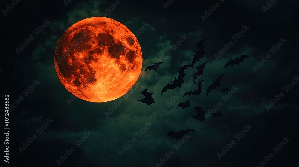 Halloween, Blood Moon ,Red moon, real full blood moon with bats in black sky with cloud Halloween, Blood Moon ,Red moon, real full blood moon with bats in black sky with cloud