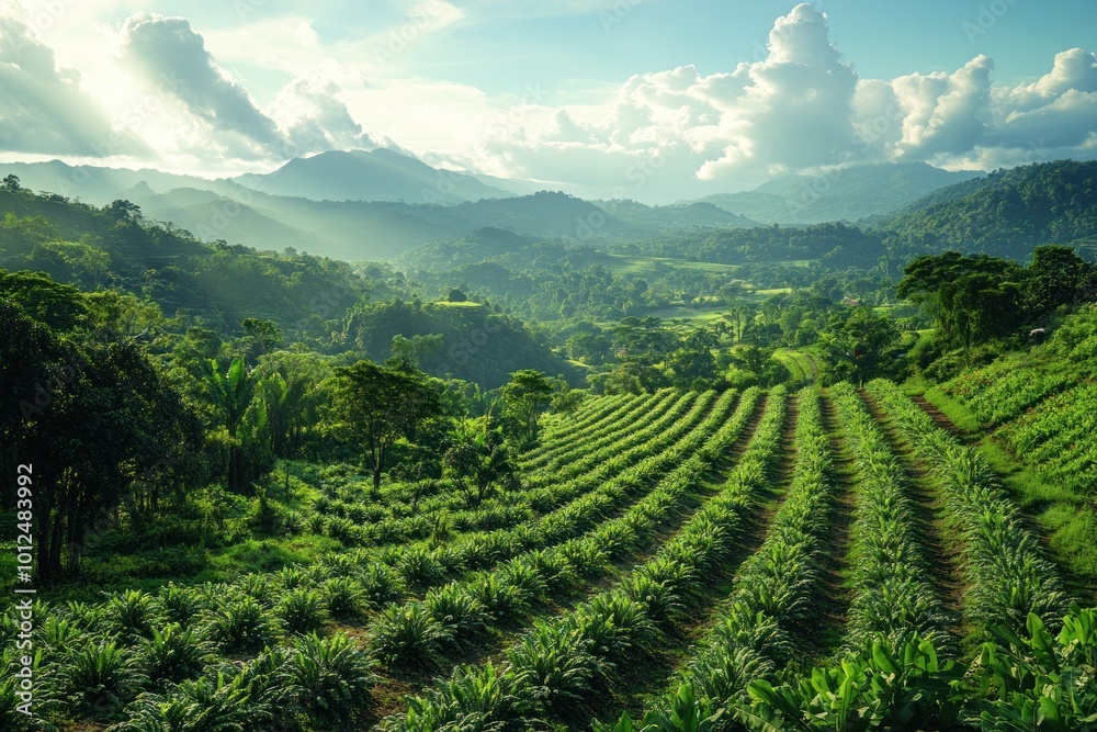 Lush green hills with rows of trees and mountains in the background under a blue sky with white clouds. Lush green hills with rows of trees and mountains in the background under a blue sky with white clouds.