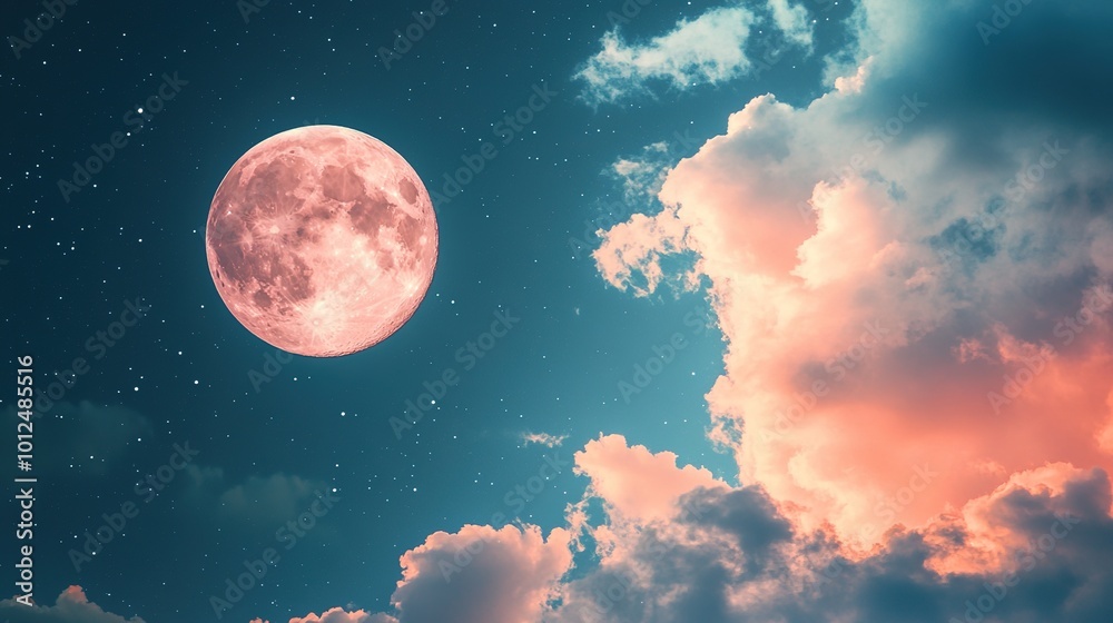 A captivating pink moon surrounded by peach-tinged clouds, creating a dreamy and ethereal night sky scene. The soft, warm hues blend harmoniously, evoking a sense of tranquility and mystique. A captivating pink moon surrounded by peach-tinged clouds, creating a dreamy and ethereal night sky scene. The soft, warm hues blend harmoniously, evoking a sense of tranquility and mystique.