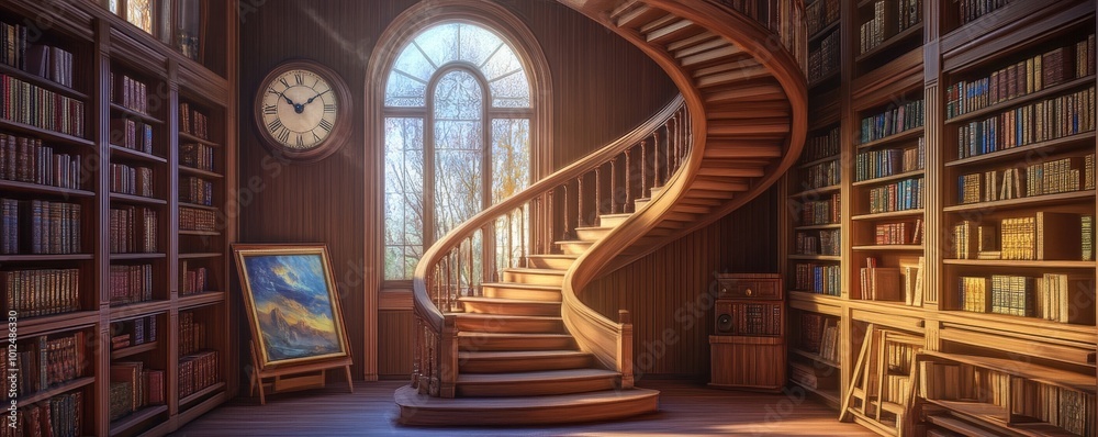 Spiral staircase curving in a large, cozy room, tall bookshelves, wall-mounted clock, framed painting nearby, ambient light Spiral staircase curving in a large, cozy room, tall bookshelves, wall-mounted clock, framed painting nearby, ambient light