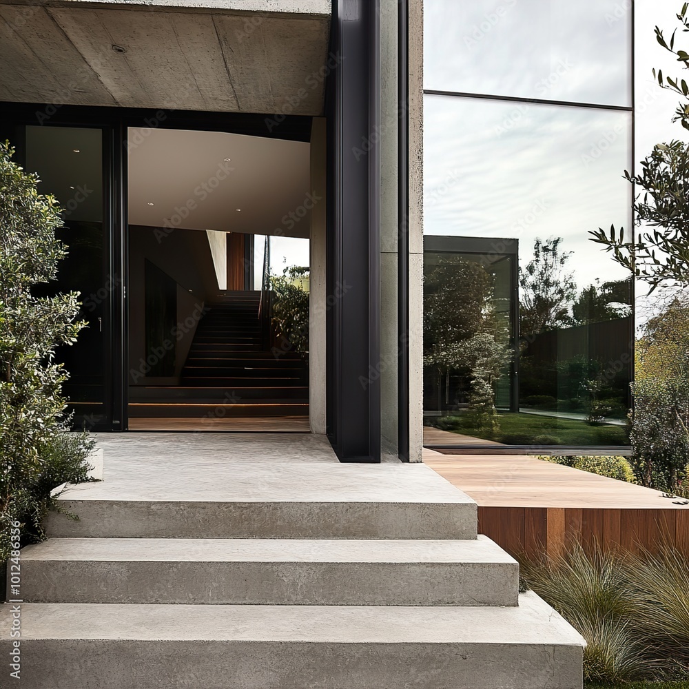 Modern Minimalist House with Glass Facade and Concrete Steps Modern Minimalist House with Glass Facade and Concrete Steps
