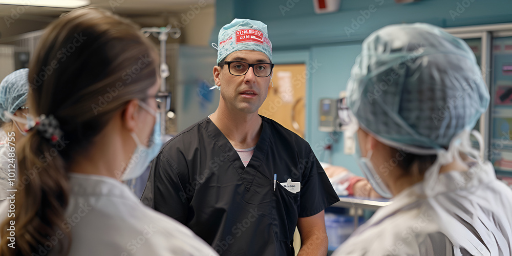 Obraz premium Surgeon discussing procedure with team, Medical team in pre-surgery briefing 