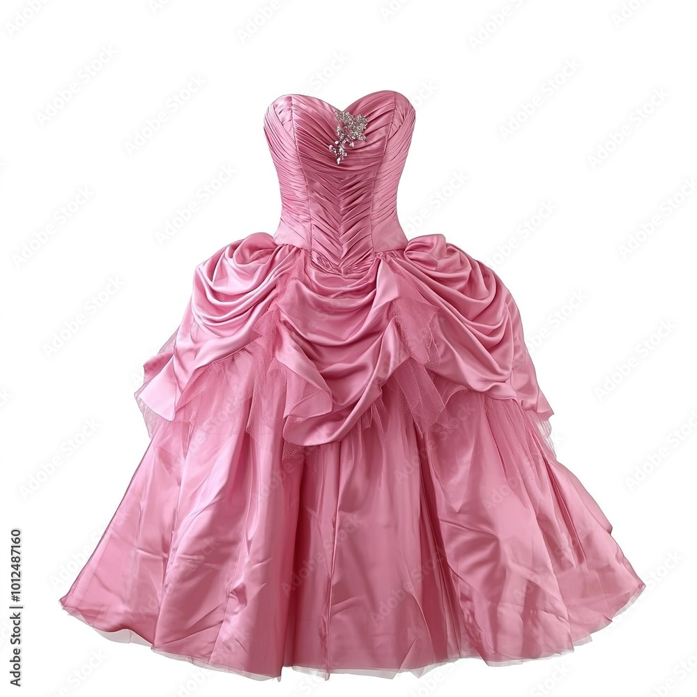 A vibrant pink party dress design, elegantly isolated on a white background, showcasing a chic and modern silhouette. This stylish dress, featuring a bold and eye-catching pink hue, A vibrant pink party dress design, elegantly isolated on a white background, showcasing a chic and modern silhouette. This stylish dress, featuring a bold and eye-catching pink hue,