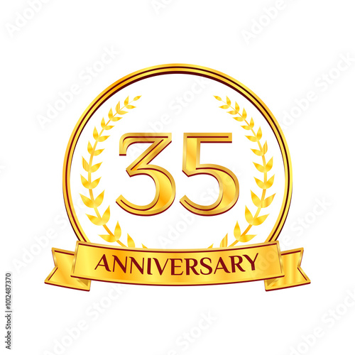 Golden 35 years anniversary number emblem logo with ribbon and laurel wreath. Ideal for birthday, wedding, award, anniversary