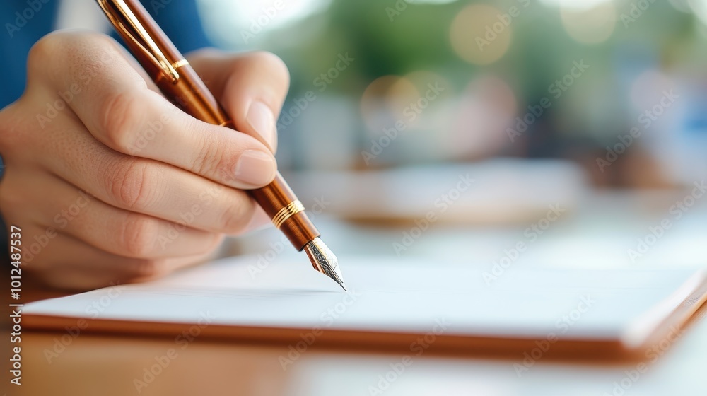A hand is writing with a luxurious fountain pen on a blank notebook, capturing the essence of creativity and expression in a serene setting. A hand is writing with a luxurious fountain pen on a blank notebook, capturing the essence of creativity and expression in a serene setting.