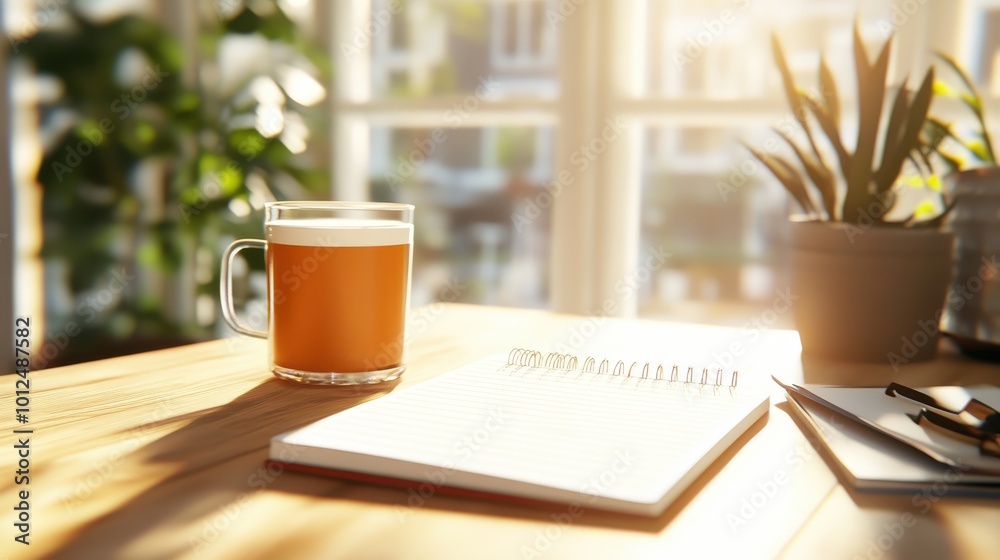 A cozy and inviting workspace bathed in sunlight, featuring a steaming cup of coffee and a notebook, surrounded by lush green plants in a tranquil environment. A cozy and inviting workspace bathed in sunlight, featuring a steaming cup of coffee and a notebook, surrounded by lush green plants in a tranquil environment.