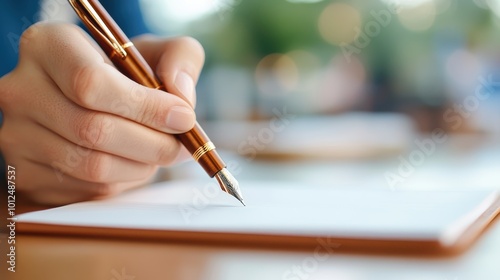 A hand is writing with a luxurious fountain pen on a blank notebook, capturing the essence of creativity and expression in a serene setting. photo