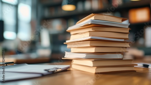 A tall stack of books neatly arranged on a library table in a cozy interior, evoking a traditional atmosphere filled with learning and intellectual pursuits.