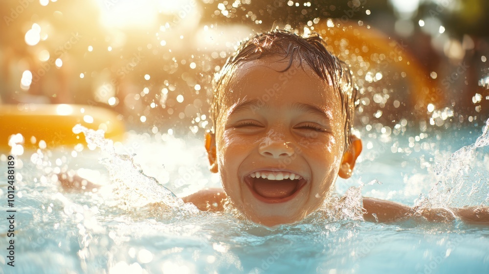 A cheerfully smiling child swims in a sunlit pool, surrounded by sparkling water droplets, epitomizing carefree bliss and summer fun under golden sunlight. A cheerfully smiling child swims in a sunlit pool, surrounded by sparkling water droplets, epitomizing carefree bliss and summer fun under golden sunlight.