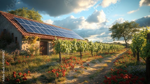 A rustic farmhouse with solar panels on the roof sits in a vineyard with flowers and a dirt path.