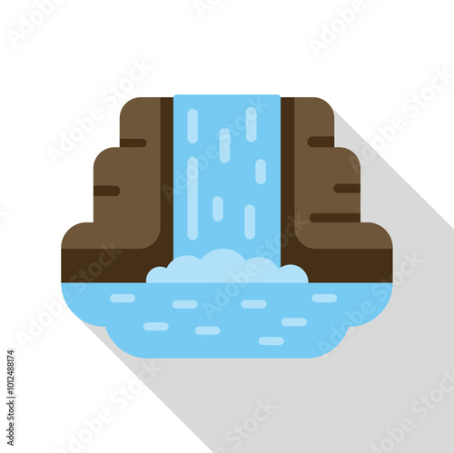 Waterfall cascading from a high mountain cliff into a river in a flat design icon with a long shadow