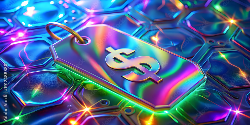 Fototapeta premium Holographic price tag with glowing currency symbols and copy space concept as An artistic image of a glossy holographic price tag featuring glowing currency symbols; set against a holographic backgrou