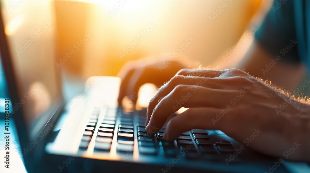 Hands actively typing on a laptop keyboard, bathed in warm sunlight. This modern image symbolizes productivity in digital workspaces and the warmth of natural light. Hands actively typing on a laptop keyboard, bathed in warm sunlight. This modern image symbolizes productivity in digital workspaces and the warmth of natural light.