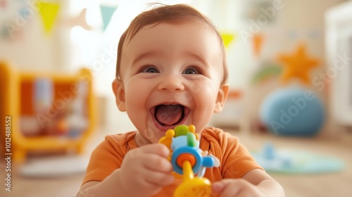 An excited baby in an orange outfit gleefully holds a vibrant toy, with a playful expression in a well-decorated room featuring colorful elements and toys.
