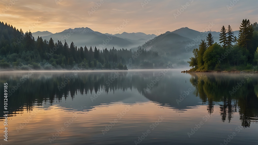 Misty Morning Reflections on a Tranquil Lake Misty Morning Reflections on a Tranquil Lake