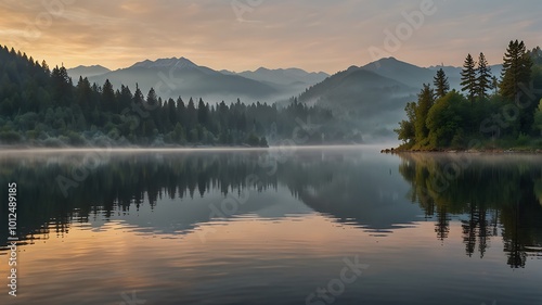 Misty Morning Reflections on a Tranquil Lake