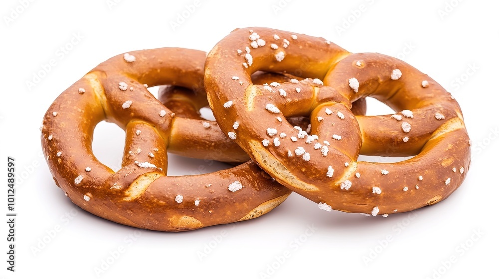 A perfectly crafted pretzel isolated on a white background, showcasing its golden-brown crust and iconic twisted shape. The crisp texture and soft interior are beautifully highlighted A perfectly crafted pretzel isolated on a white background, showcasing its golden-brown crust and iconic twisted shape. The crisp texture and soft interior are beautifully highlighted
