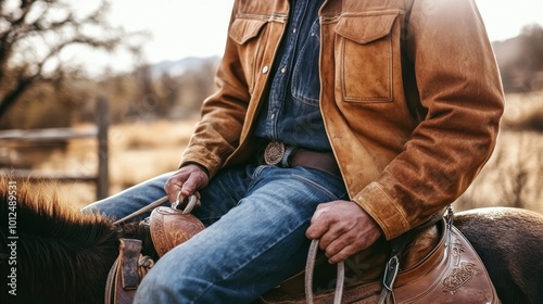 A man sitting confidently on a horse, illuminated by warm sunglare, showcasing the bond between rider and horse in a serene outdoor setting photo