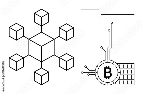 Simplified image featuring a network of interconnected cubes and a Bitcoin symbol with circuit lines. Ideal for blockchain technology, cryptocurrency, digital transactions, financial tech