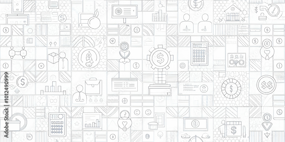 Seamless Minimalist Tile Pattern Featuring Subtle Advertising Elements and Currency Motifs for Professional Business Backgrounds Seamless Minimalist Tile Pattern Featuring Subtle Advertising Elements and Currency Motifs for Professional Business Backgrounds