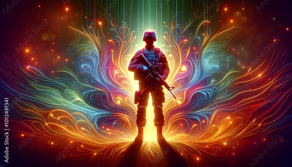 3D Glowing Silhouette of a Soldier Against Abstract Colorful Background - Powerful Digital Art Symbolizing Bravery and Honor for Hari Pahlawan 3D Glowing Silhouette of a Soldier Against Abstract Colorful Background - Powerful Digital Art Symbolizing Bravery and Honor for Hari Pahlawan