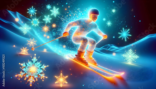 3D Glowing Skier on a Radiant Mountain with Abstract Snowflakes - Dynamic Winter Sports Visual for Skiing and Winter Gear Promotion