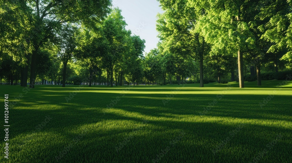 Fototapeta premium Sunlit Meadow in a Lush Green Forest