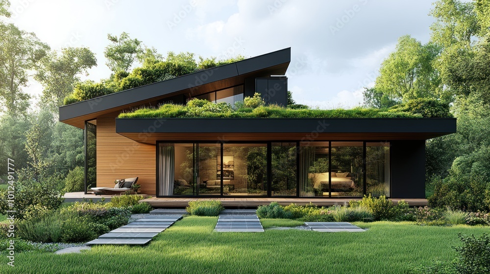 Modern house with green roof, large windows, and a wooden deck. Modern house with green roof, large windows, and a wooden deck.