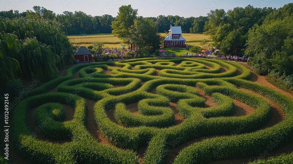 An aerial view of a large corn maze with a small building and people visible in the distance. An aerial view of a large corn maze with a small building and people visible in the distance.