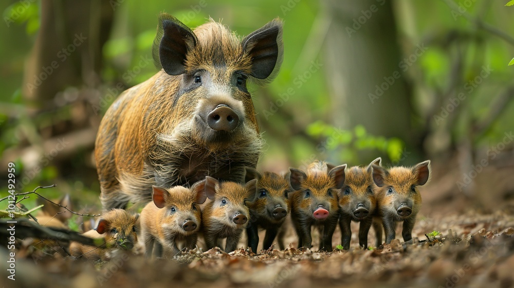 Wild Boar Family: Mother and Babies Standing in the Forest, Looking Directly at the Camera Wild Boar Family: Mother and Babies Standing in the Forest, Looking Directly at the Camera