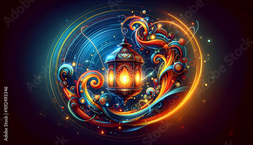 Vibrant Abstract Digital Art of Diwali Lantern with Floating Rangoli - Capturing the Festive Spirit for Celebratory Banners