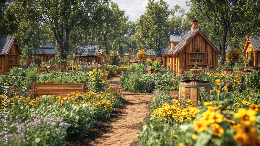 A dirt path winds through a picturesque garden, lined with rows of colorful flowers and small wooden cottages. The scene is idyllic and peaceful, evoking a sense of tranquility and beauty. A dirt path winds through a picturesque garden, lined with rows of colorful flowers and small wooden cottages. The scene is idyllic and peaceful, evoking a sense of tranquility and beauty.