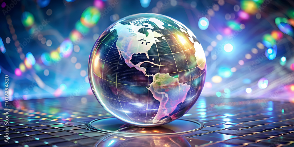 Holographic Globe Rotating with Glowing Currency Symbols on Glossy Background - Artistic Image for Global Finance and International Trade with Copy Space Holographic Globe Rotating with Glowing Currency Symbols on Glossy Background - Artistic Image for Global Finance and International Trade with Copy Space