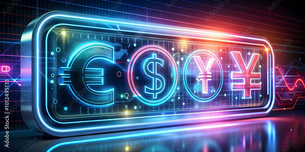 Close up of a holographic advertising banner with glowing currency symbols and copy space concept as A macro image of a sleek holographic advertising banner featuring glowing currency symbols. The clo Close up of a holographic advertising banner with glowing currency symbols and copy space concept as A macro image of a sleek holographic advertising banner featuring glowing currency symbols. The clo