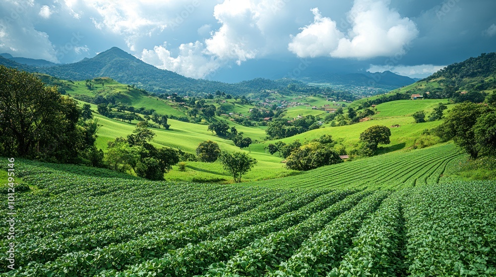 Rolling green hills and mountains under a cloudy sky. Rolling green hills and mountains under a cloudy sky.