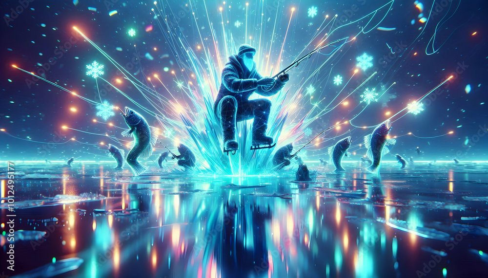 Futuristic Abstract Glowing Figure Ice Fishing on a Frozen Digital Lake Surrounded by Neon Lights and Radiant Snowflakes - A Perfect Winter Activity Concept for Photo Stock Futuristic Abstract Glowing Figure Ice Fishing on a Frozen Digital Lake Surrounded by Neon Lights and Radiant Snowflakes - A Perfect Winter Activity Concept for Photo Stock