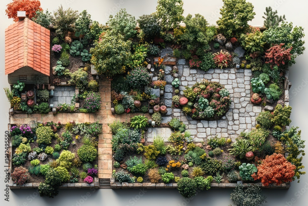 Top-down view of a miniature garden with a small cottage, stone paths, and various plants and trees. Top-down view of a miniature garden with a small cottage, stone paths, and various plants and trees.